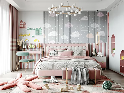 Cute Kids Room Interior With Pink Bed Cloud Wallpaper Chandelier And Toys 3d model