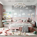 Cute Kids Room Interior With Pink Bed Cloud Wallpaper Chandelier And Toys
