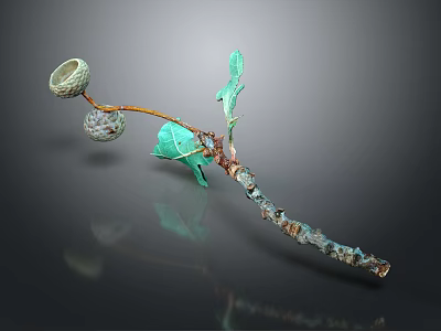 Wood And Stone Art Sculpture With Green Stone Parts And Natural Wooden Branches 3d model