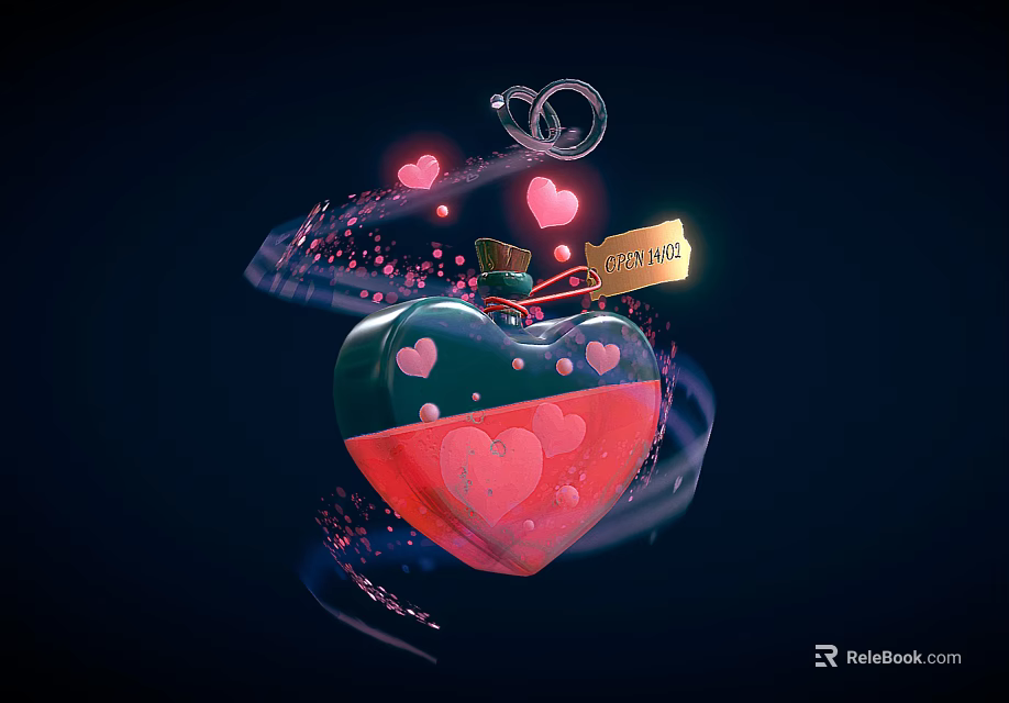 Heart Shaped Ceramic Vessel With LOVE Tag Pink Heart Decorations And Flowing Lines Dark Background 3d model 