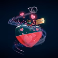 Heart Shaped Ceramic Vessel With LOVE Tag Pink Heart Decorations And Flowing Lines Dark Background
