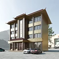 Chinese Style Multi story Detached Villa With Traditional Roof Large Windows And Parked Cars