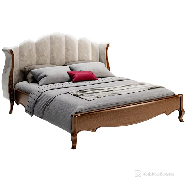 Luxury Velvet Upholstered Double Bed With Classic Solid Wood Frame And Cozy Stylish Bedding 3d model 