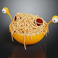 Cartoon Monster Shaped Spaghetti Noodles in Yellow Bowl with Googly Eyes and Red Tomato Pieces