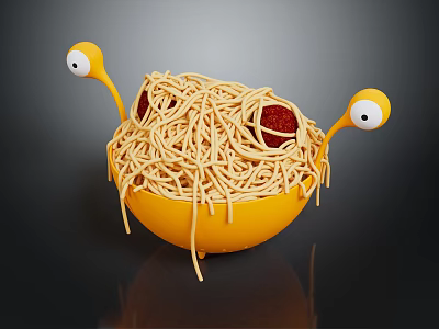 Cartoon Monster Shaped Spaghetti Noodles in Yellow Bowl with Googly Eyes and Red Tomato Pieces 3d model