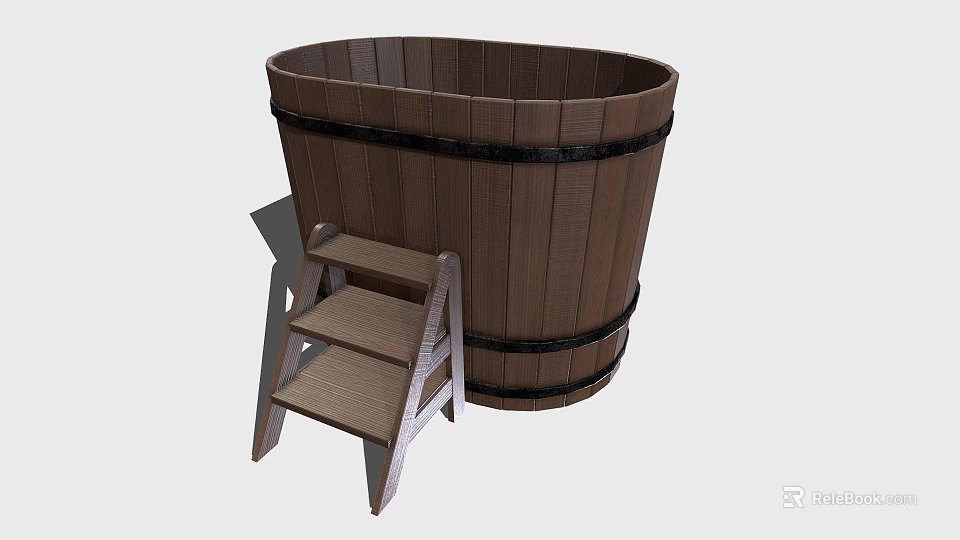 Wooden Barrel With Metal Hoops And Small Wooden Step Ladder 3d model 
