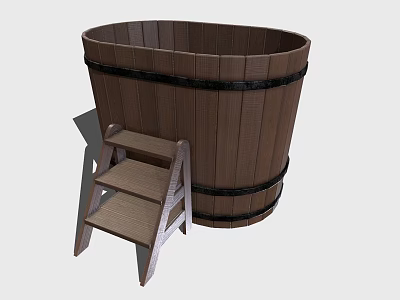 Wooden Barrel With Metal Hoops And Small Wooden Step Ladder 3d model