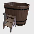 Wooden Barrel With Metal Hoops And Small Wooden Step Ladder