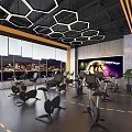 Modern Gym Interior With Fitness Equipment Hexagon Pendant Lights Black Floors Yellow Markings