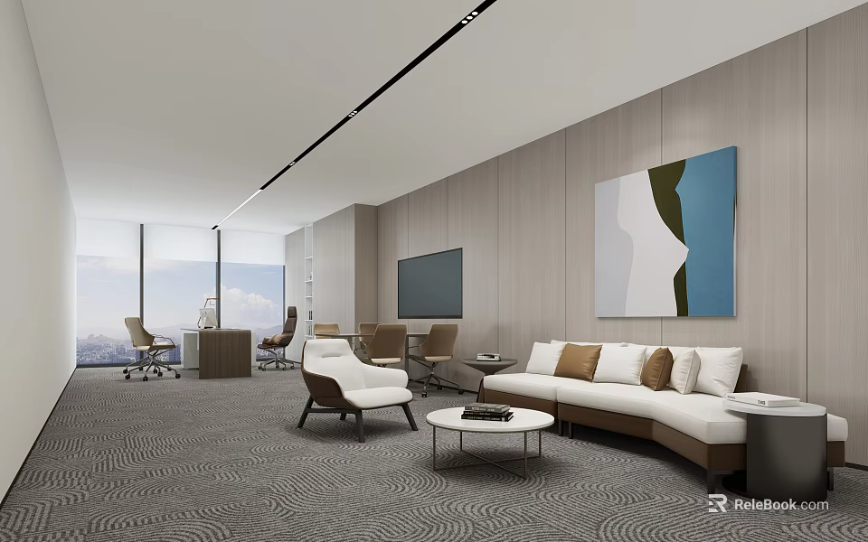 Modern Office Interior Design With Sofa Chairs Coffee Table Wall Art And Large Windows 3d model