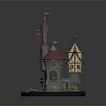 Detailed Decorative Castle Model With Red Blue Roofs Towers Flags And River Base