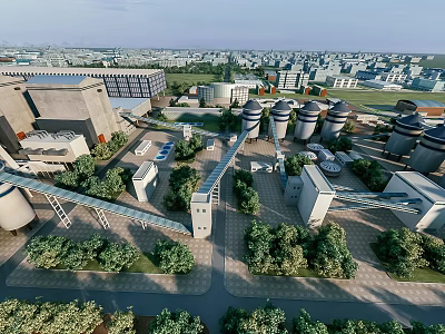 Modern Large Scale Industrial Factory Complex With Storage Tanks And Green Landscaping 3d model