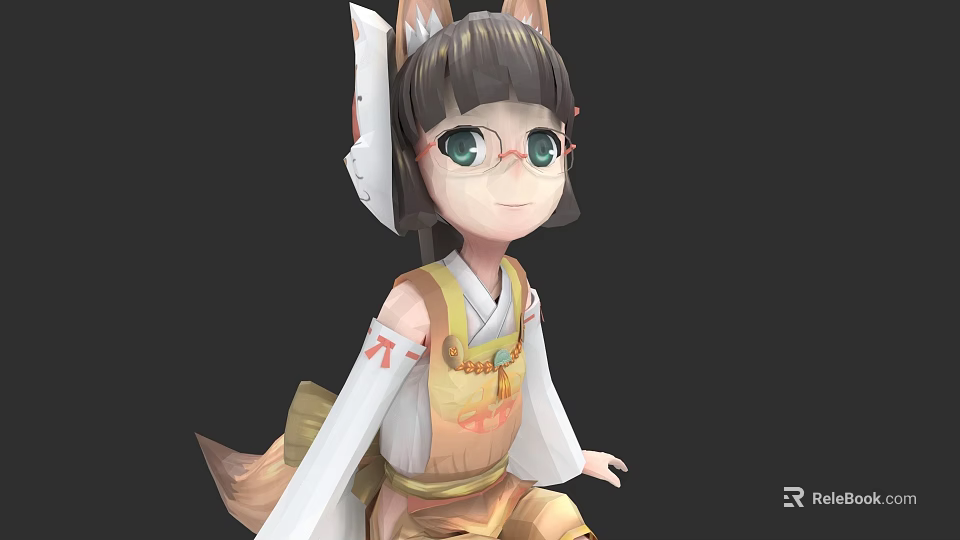 Cute Anime Style Character With Cat Ears Glasses And Traditional Outfit Design 3d model 