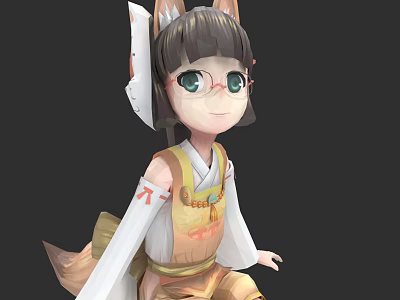 Cute Anime Style Character With Cat Ears Glasses And Traditional Outfit Design 3d model