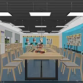 School Art Learning Classroom With Blue Walls Long Wooden Tables Wooden Chairs And Display Shelves