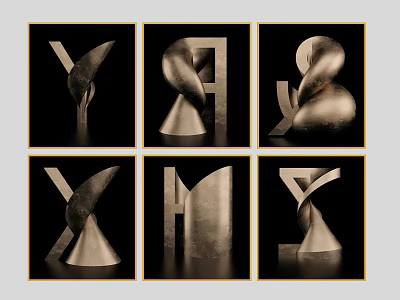 Abstract Metallic Letter Sculptures With Golden Bronze Texture On Black Background 3d model