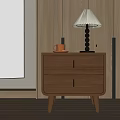 Modern Wooden Bedside Table With Two Drawers Black Handles And Beige Pleated Lamp Shade