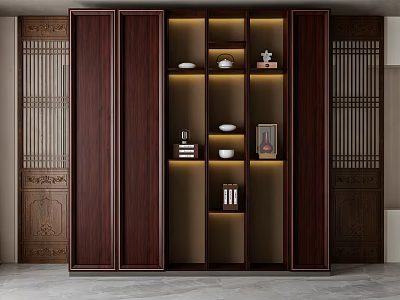Elegant Chinese Traditional Carved Wooden Decorative Cabinet With Illuminated Shelves And Displayed Ornaments 3d model