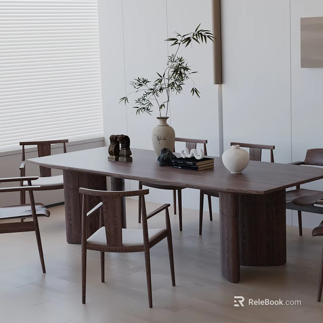 Modern Dining Table Set With Wooden Top And Matching Chairs Including Vase And Green Plant 3d model 
