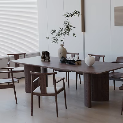 Modern Dining Table Set With Wooden Top And Matching Chairs Including Vase And Green Plant 3d model