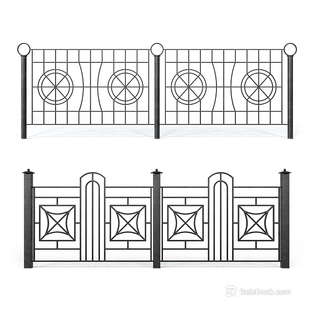 Decorative Metal Fence Designs with Circular Patterns Wavy Lines and Square Motifs and Ornate Posts 3d model 