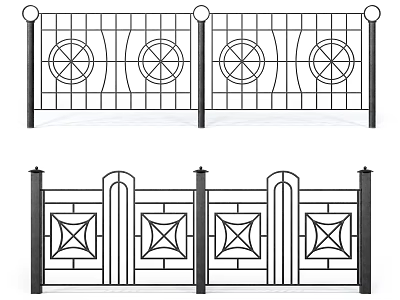 Decorative Metal Fence Designs with Circular Patterns Wavy Lines and Square Motifs and Ornate Posts 3d model