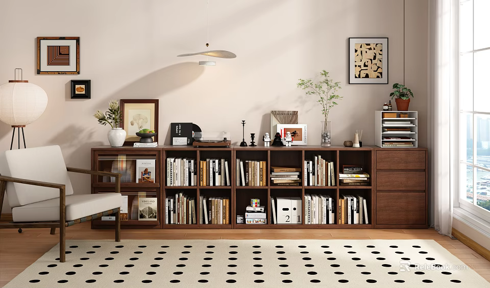 Stylish Wooden Bookcase Interior Design With Books Decorative Items Photo Frames Chair And Wall Art 3d model 
