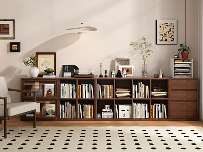 Stylish Wooden Bookcase Interior Design With Books Decorative Items Photo Frames Chair And Wall Art 3d model