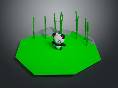 Cute Panda Figure Standing On Green Octagonal Platform With Bamboo Plants Around 3d model