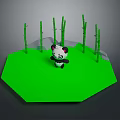 Cute Panda Figure Standing On Green Octagonal Platform With Bamboo Plants Around