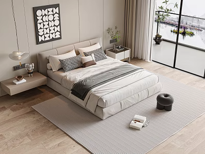 Double Bed With Pillows Striped Bedding Table Lamps Modern Bedroom Wooden Floor Window View 3d model