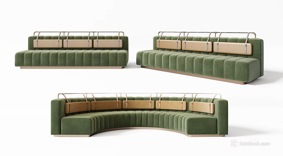 Green Velvet Multi Person Sofa With Metal Frame Curved And Straight Design 3d model 
