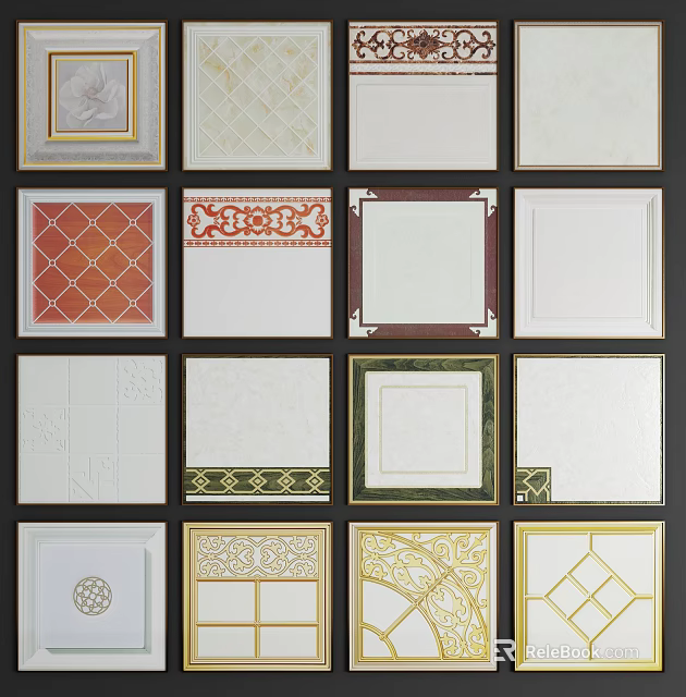 Decorative Ceiling Tile Designs With Various Intricate Patterns And Gold Borders 3d model