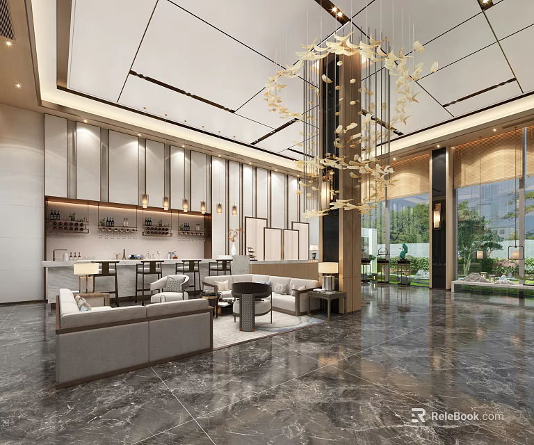 Modern Luxury Hotel Lobby Interior With Chandelier Marble Floor Sofas And Floor to Ceiling Windows 3d model 