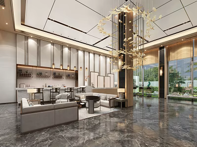 Modern Luxury Hotel Lobby Interior With Chandelier Marble Floor Sofas And Floor to Ceiling Windows 3d model