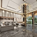 Modern Luxury Hotel Lobby Interior With Chandelier Marble Floor Sofas And Floor to Ceiling Windows