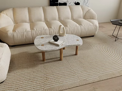 Plush Beige Sofa with Round Wooden Leg Coffee Table and Textured Woven Rug 3d model