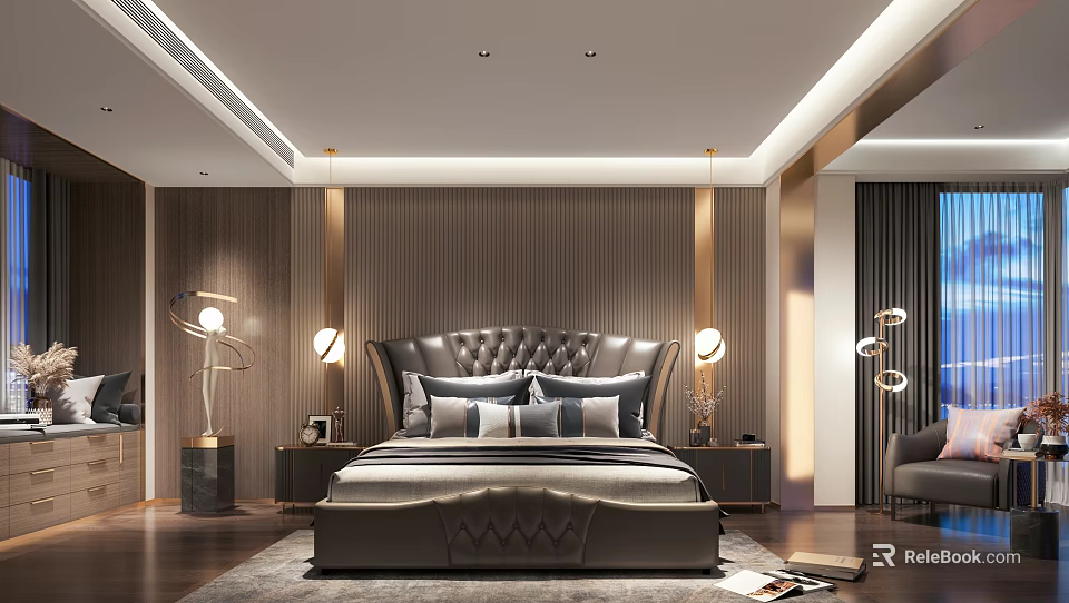 Modern Luxury Bedroom Interior With Dark Leather Tufted Headboard And Gold Accent Strips 3d model 