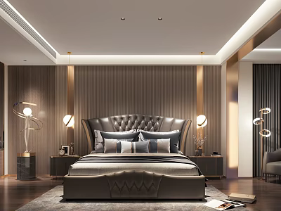 Modern Luxury Bedroom Interior With Dark Leather Tufted Headboard And Gold Accent Strips 3d model