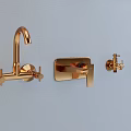 Three Golden Faucets Mounted On Light Gray Wall Background 3d model