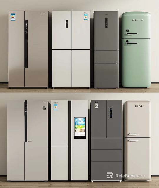 Modern Refrigerators And Freezers In White Gray Mint Green With Various Door Styles 3d model 
