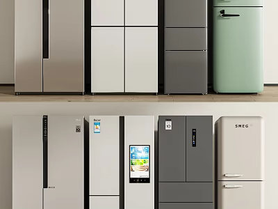 Modern Refrigerators And Freezers In White Gray Mint Green With Various Door Styles 3d model