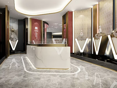 Elegant Modern Lobby Interior With Marble Reception Desk Lighting And Brand Logos 3d model