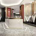 Elegant Modern Lobby Interior With Marble Reception Desk Lighting And Brand Logos