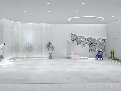 Modern Public Office Space With Open Layout Green Plants And Circular Ceiling Lights 3d model