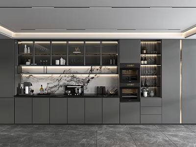Modern Kitchen Interior Design With Gray Cabinets Glass Door Storage Marble Backsplash And Built-in Appliances 3d model