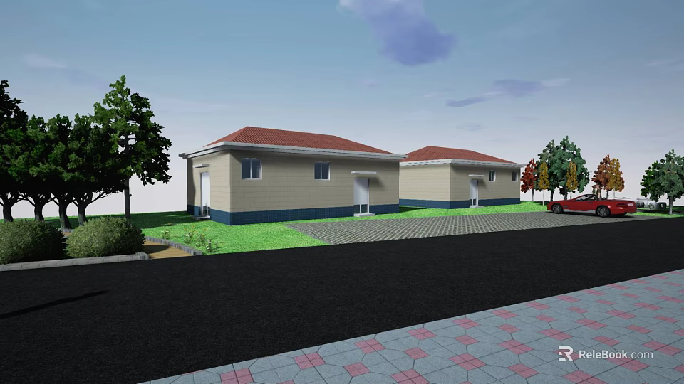 Single Story Residential Houses Featuring Red Roofs Light Walls Green Lawn Trees And Red Car 3d model 