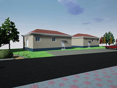 Single Story Residential Houses Featuring Red Roofs Light Walls Green Lawn Trees And Red Car 3d model