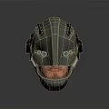 Futuristic Weapon Helmet With Metallic Shell Blue Glowing Eyes And Tactical Design