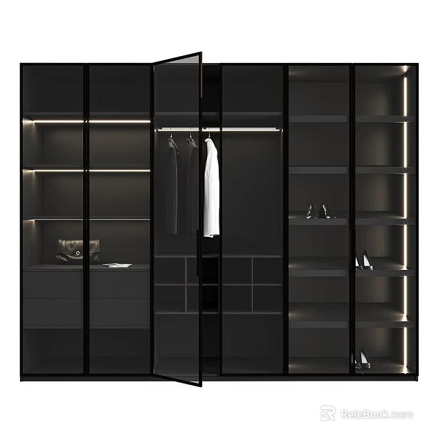 Modern Wardrobe With Glass Doors Hanging Area Storage Shelves Shoes Bags And Built In Lighting 3d model 